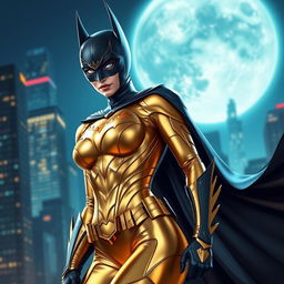 A unique and stylish interpretation of Batman in a shiny golden suit with a feminine design, showcasing an empowered female superhero