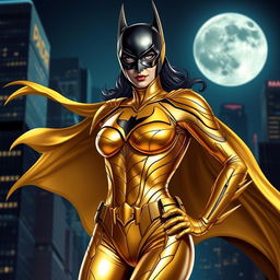 A unique and stylish interpretation of Batman in a shiny golden suit with a feminine design, showcasing an empowered female superhero