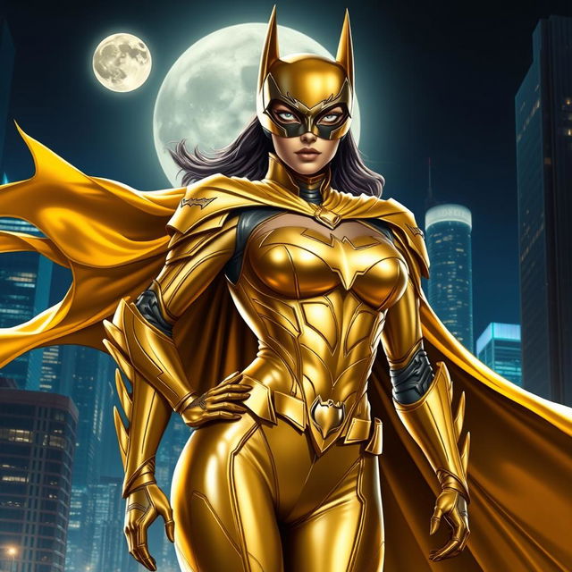 A unique and stylish interpretation of Batman in a shiny golden suit with a feminine design, showcasing an empowered female superhero