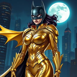 A unique and stylish interpretation of Batman in a shiny golden suit with a feminine design, showcasing an empowered female superhero