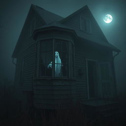 A spooky abandoned house with broken windows, an eerie atmosphere, and overgrown weeds around the foundation