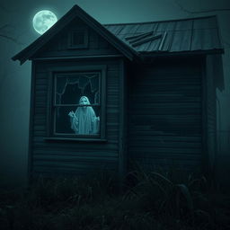 A spooky abandoned house with broken windows, an eerie atmosphere, and overgrown weeds around the foundation