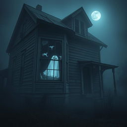 A spooky abandoned house with broken windows, an eerie atmosphere, and overgrown weeds around the foundation