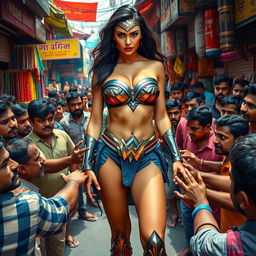 A compelling scene featuring Wonder Woman in a strapless bikini showcasing her bold cleavage, surrounded by a lively crowd of Indian men outside a vibrant, cheap Indian market
