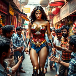 A compelling scene featuring Wonder Woman in a strapless bikini showcasing her bold cleavage, surrounded by a lively crowd of Indian men outside a vibrant, cheap Indian market