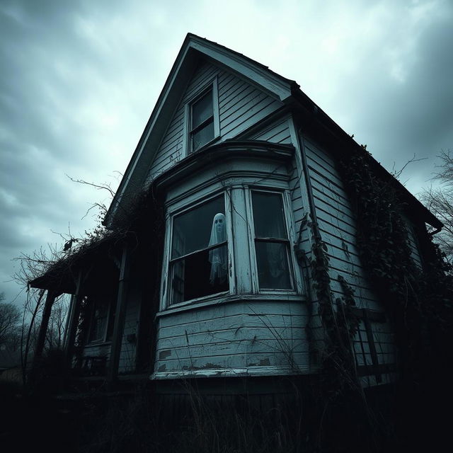 An abandoned house with an eerie atmosphere, showing a ghost peering through one of the dusty windows