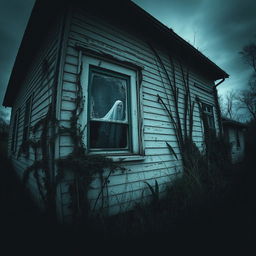 An abandoned house with an eerie atmosphere, showing a ghost peering through one of the dusty windows