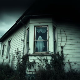 An abandoned house with an eerie atmosphere, showing a ghost peering through one of the dusty windows