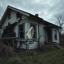 An abandoned house with an eerie atmosphere, showing a ghost peering through one of the dusty windows