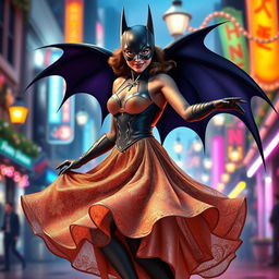 A whimsical and vibrant scene of Batman in a feminine outfit, elegantly designed and embodying the spirit of dance