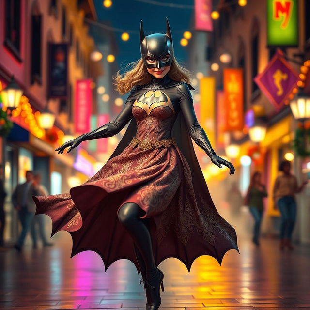 A whimsical and vibrant scene of Batman in a feminine outfit, elegantly designed and embodying the spirit of dance