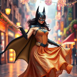 A whimsical and vibrant scene of Batman in a feminine outfit, elegantly designed and embodying the spirit of dance