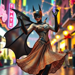 A whimsical and vibrant scene of Batman in a feminine outfit, elegantly designed and embodying the spirit of dance
