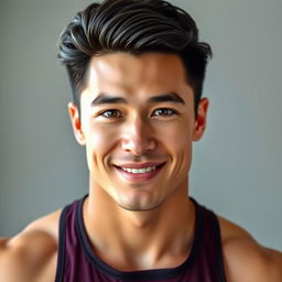 A 35-year-old tall man with thick, well-groomed black hair, fair skin, and a sporty physique