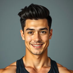A 35-year-old tall man with thick, well-groomed black hair, fair skin, and a sporty physique