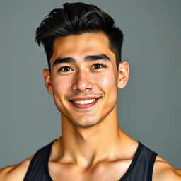 A 35-year-old tall man with thick, well-groomed black hair, fair skin, and a sporty physique