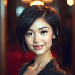 A beautiful girl with short, black hair, exuding charm and elegance, set against a softly blurred background