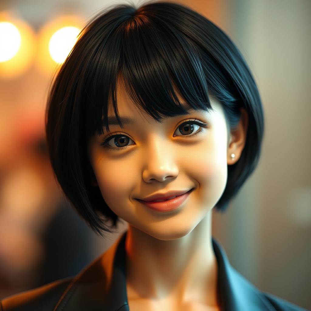 A beautiful girl with short, black hair, exuding charm and elegance, set against a softly blurred background