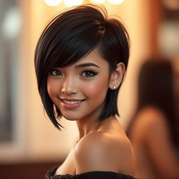 A beautiful girl with short, black hair, exuding charm and elegance, set against a softly blurred background