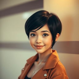 A beautiful girl with short, black hair, exuding charm and elegance, set against a softly blurred background