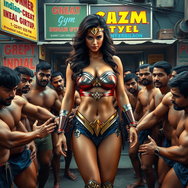 An engaging scene featuring Wonder Woman in a strapless bikini that showcases her bold cleavage, surrounded by a group of muscular Indian wrestlers outside a bustling, cheap Indian gym