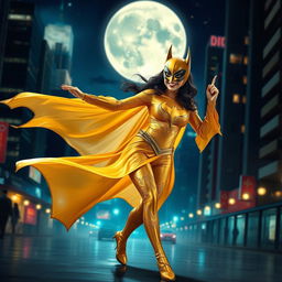 A vibrant and enchanting scene of Batman in a stunning golden outfit, gracefully dancing in an urban night setting