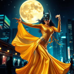 A vibrant and enchanting scene of Batman in a stunning golden outfit, gracefully dancing in an urban night setting