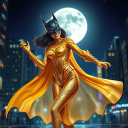A vibrant and enchanting scene of Batman in a stunning golden outfit, gracefully dancing in an urban night setting
