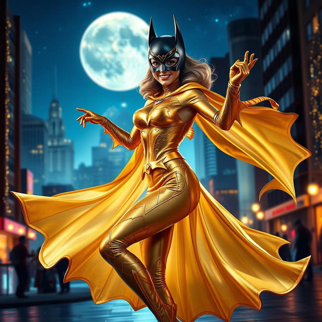 A vibrant and enchanting scene of Batman in a stunning golden outfit, gracefully dancing in an urban night setting