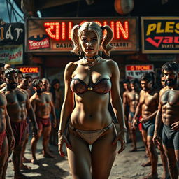 A poignant and cinematic scene featuring a sad Harley Quinn in a strapless bikini, accentuating her big cleavage, as she stands outside a rundown Indian gym