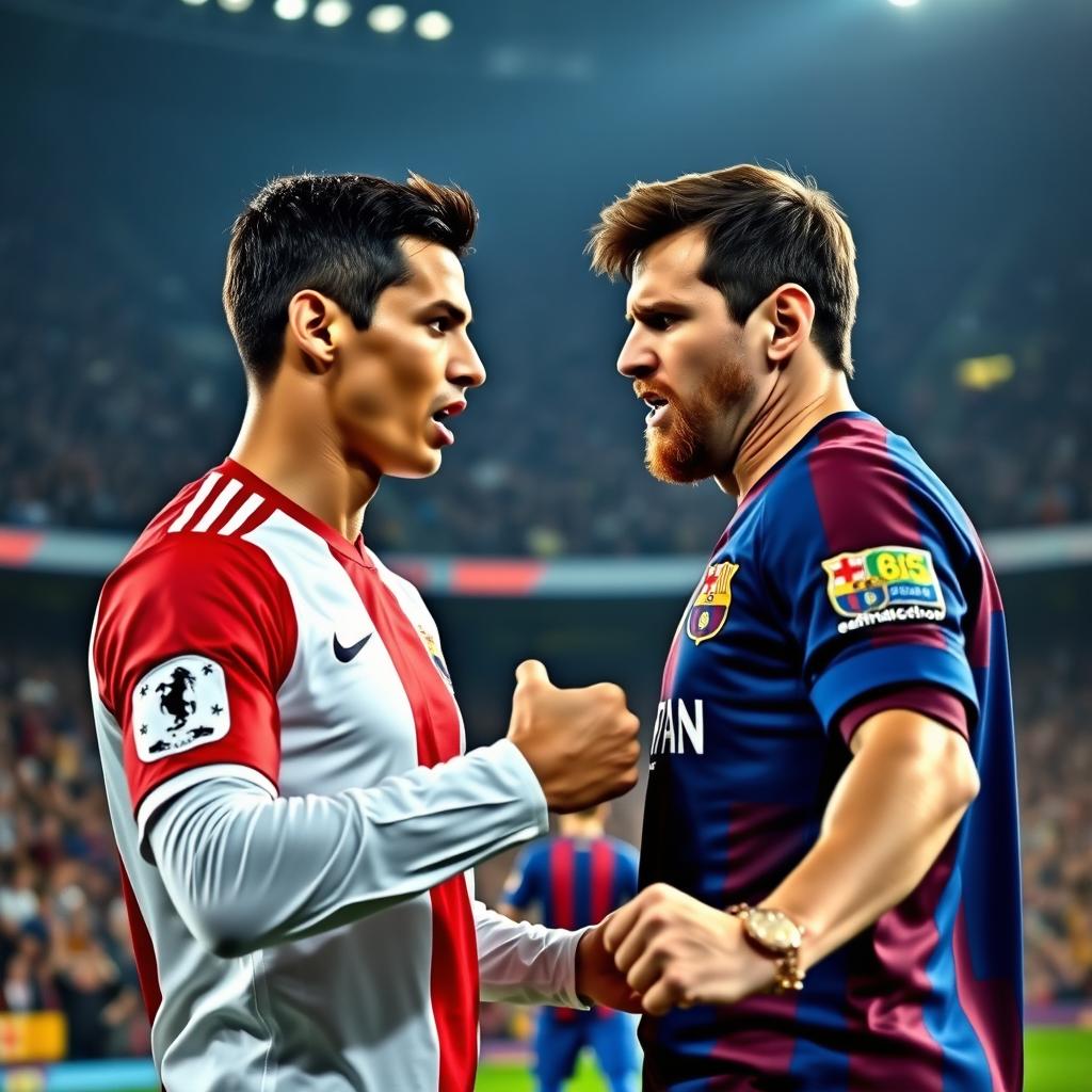 A dramatic scene depicting Cristiano Ronaldo and Lionel Messi in a heated argument on a football pitch