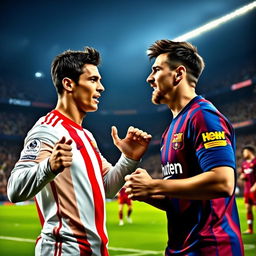A dramatic scene depicting Cristiano Ronaldo and Lionel Messi in a heated argument on a football pitch