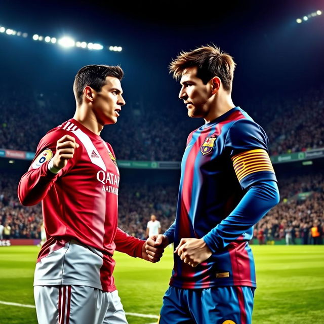 A dramatic scene depicting Cristiano Ronaldo and Lionel Messi in a heated argument on a football pitch