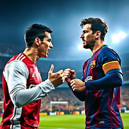 A dramatic scene depicting Cristiano Ronaldo and Lionel Messi in a heated argument on a football pitch