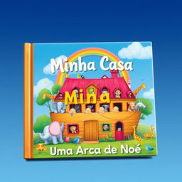 A captivating book cover illustration for "Minha Casa: Uma Arca de Noé" depicting a whimsical, colorful house resembling Noah's Ark
