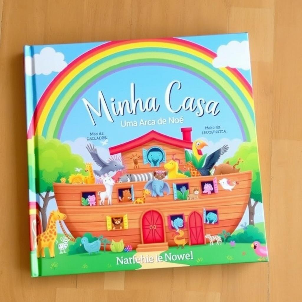 A captivating book cover illustration for "Minha Casa: Uma Arca de Noé" depicting a whimsical, colorful house resembling Noah's Ark