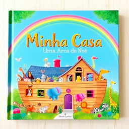 A captivating book cover illustration for "Minha Casa: Uma Arca de Noé" depicting a whimsical, colorful house resembling Noah's Ark