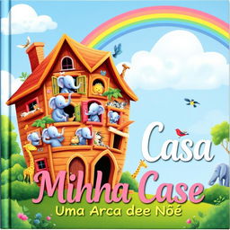 A captivating book cover illustration for "Minha Casa: Uma Arca de Noé" depicting a whimsical, colorful house resembling Noah's Ark