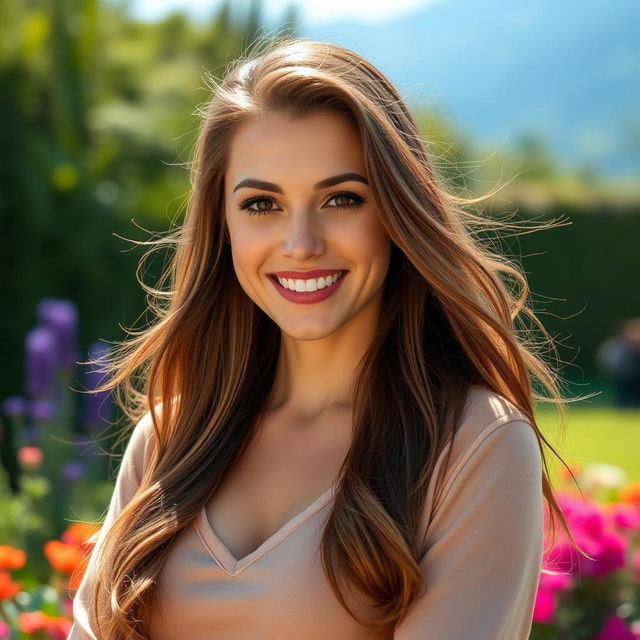 A beautiful portrait of a woman with long, flowing hair, wearing a stylish outfit that complements her figure