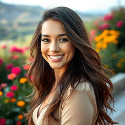 A beautiful portrait of a woman with long, flowing hair, wearing a stylish outfit that complements her figure