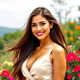 A beautiful portrait of a woman with long, flowing hair, wearing a stylish outfit that complements her figure