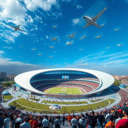 A futuristic depiction of Azadi Stadium in Tehran, Iran, set 50 years in the future