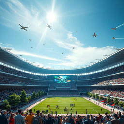 A futuristic depiction of Azadi Stadium in Tehran, Iran, set 50 years in the future