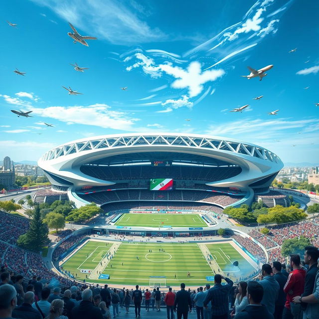 A futuristic depiction of Azadi Stadium in Tehran, Iran, set 50 years in the future