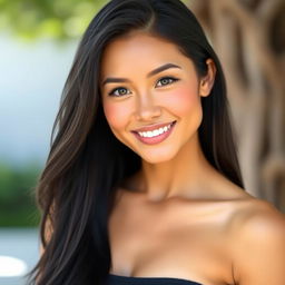 A tall, beautiful woman with fair skin and a smooth, wrinkle-free face, smiling warmly