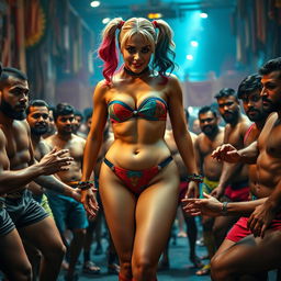 A captivating scene depicting Harley Quinn in a strapless, colorful bikini that accentuates her big fat ass, featuring a small wedgie panty
