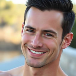 A tall, handsome man with fair skin and a smooth, wrinkle-free face, smiling warmly