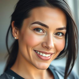 A beautiful tall woman with fair skin, a smooth wrinkle-free face, and a smile, showcasing thick black hair and well-shaped eyebrows