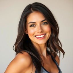 A beautiful tall woman with fair skin, a smooth wrinkle-free face, and a smile, showcasing thick black hair and well-shaped eyebrows