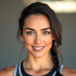 A beautiful tall woman with fair skin, a smooth wrinkle-free face, and a smile, showcasing thick black hair and well-shaped eyebrows